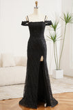 Black Spaghetti Straps A Line Formal Dress with Side Slit