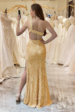 Golden Sparkly One Shoulder Mermaid Prom Dress with Slit