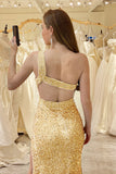 Golden Sparkly One Shoulder Mermaid Prom Dress with Slit