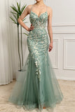 Light Green Mermaid Lace-Up Back Tulle Long Prom Dress with Appliques