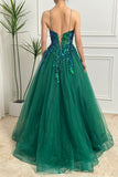 A Line Sparkly Sequin Tulle Long Dark Green Prom Dress With Appliques