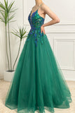 A Line Sparkly Sequin Tulle Long Dark Green Prom Dress With Appliques