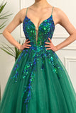 A Line Sparkly Sequin Tulle Long Dark Green Prom Dress With Appliques