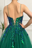 A Line Sparkly Sequin Tulle Long Dark Green Prom Dress With Appliques