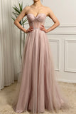 Sparkly Pink Sweetheart Strapless Tulle Corset Prom Dress with Slit