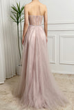 Sparkly Pink Sweetheart Strapless Tulle Corset Prom Dress with Slit