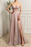 Sparkly Pink Sweetheart Strapless Tulle Corset Prom Dress with Slit