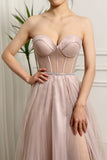 Sparkly Pink Sweetheart Strapless Tulle Corset Prom Dress with Slit