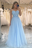 Sparkly Sky Blue Tulle Corset Prom Dress with Pleated