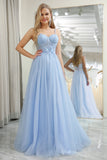 Sparkly Sky Blue Tulle Corset Prom Dress with Pleated