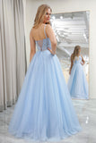 Sparkly Sky Blue Tulle Corset Prom Dress with Pleated