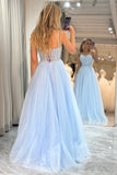 Sparkly Sky Blue Tulle Corset Prom Dress with Pleated