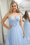 Sparkly Sky Blue Tulle Corset Prom Dress with Pleated