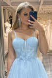 Sparkly Sky Blue Tulle Corset Prom Dress with Pleated