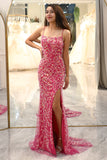 Hot Pink Beading Mermaid Prom Dress with Slit