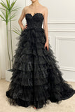 Sparkly Black A-Line Corset Tiered Tulle Long Prom Dress With Slit