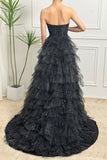 Sparkly Black A-Line Corset Tiered Tulle Long Prom Dress With Slit