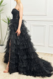 Sparkly Black A-Line Corset Tiered Tulle Long Prom Dress With Slit