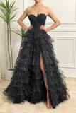 Sparkly Black A-Line Corset Tiered Tulle Long Prom Dress With Slit