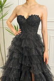 Sparkly Black A-Line Corset Tiered Tulle Long Prom Dress With Slit