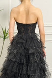 Sparkly Black A-Line Corset Tiered Tulle Long Prom Dress With Slit