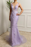 Lilac Mermaid V-Neck Backless Long Prom Dress with Appliques