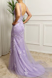 Lilac Mermaid V-Neck Backless Long Prom Dress with Appliques