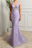 Lilac Mermaid V-Neck Backless Long Prom Dress with Appliques