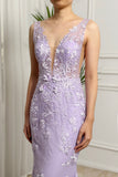 Lilac Mermaid V-Neck Backless Long Prom Dress with Appliques