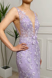 Lilac Mermaid V-Neck Backless Long Prom Dress with Appliques