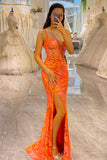 Orange Glitter Corset Mermaid Prom Dress with Slit