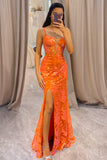 Orange Glitter Corset Mermaid Prom Dress with Slit