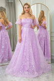 Lavender Removable Sleeves Tulle Princess Prom Dress with Sequins