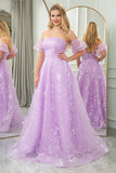 Lavender Removable Sleeves Tulle Princess Prom Dress with Sequins