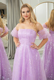 Lavender Removable Sleeves Tulle Princess Prom Dress with Sequins