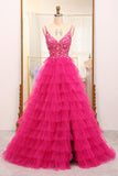 Hot Pink Tiered Beading Princess Prom Dress with Slit