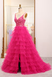 Hot Pink Tiered Beading Princess Prom Dress with Slit