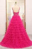 Hot Pink Tiered Beading Princess Prom Dress with Slit