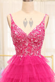 Hot Pink Tiered Beading Princess Prom Dress with Slit