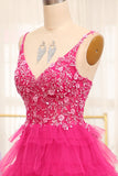 Hot Pink Tiered Beading Princess Prom Dress with Slit