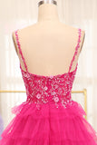 Hot Pink Tiered Beading Princess Prom Dress with Slit