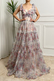 Princess White Floral Print A Line Pleated Prom Dress