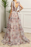 Princess White Floral Print A Line Pleated Prom Dress