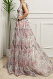 Princess White Floral Print A Line Pleated Prom Dress