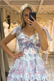 White Floral Print A Line Princess Prom Dress with Pleated