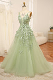 Spaghetti Straps Green A Line Tulle Prom Dress with 3D Flowers