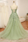 Spaghetti Straps Green A Line Tulle Prom Dress with 3D Flowers