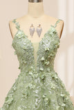 Spaghetti Straps Green A Line Tulle Prom Dress with 3D Flowers