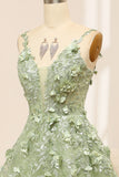 Spaghetti Straps Green A Line Tulle Prom Dress with 3D Flowers