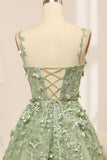 Spaghetti Straps Green A Line Tulle Prom Dress with 3D Flowers